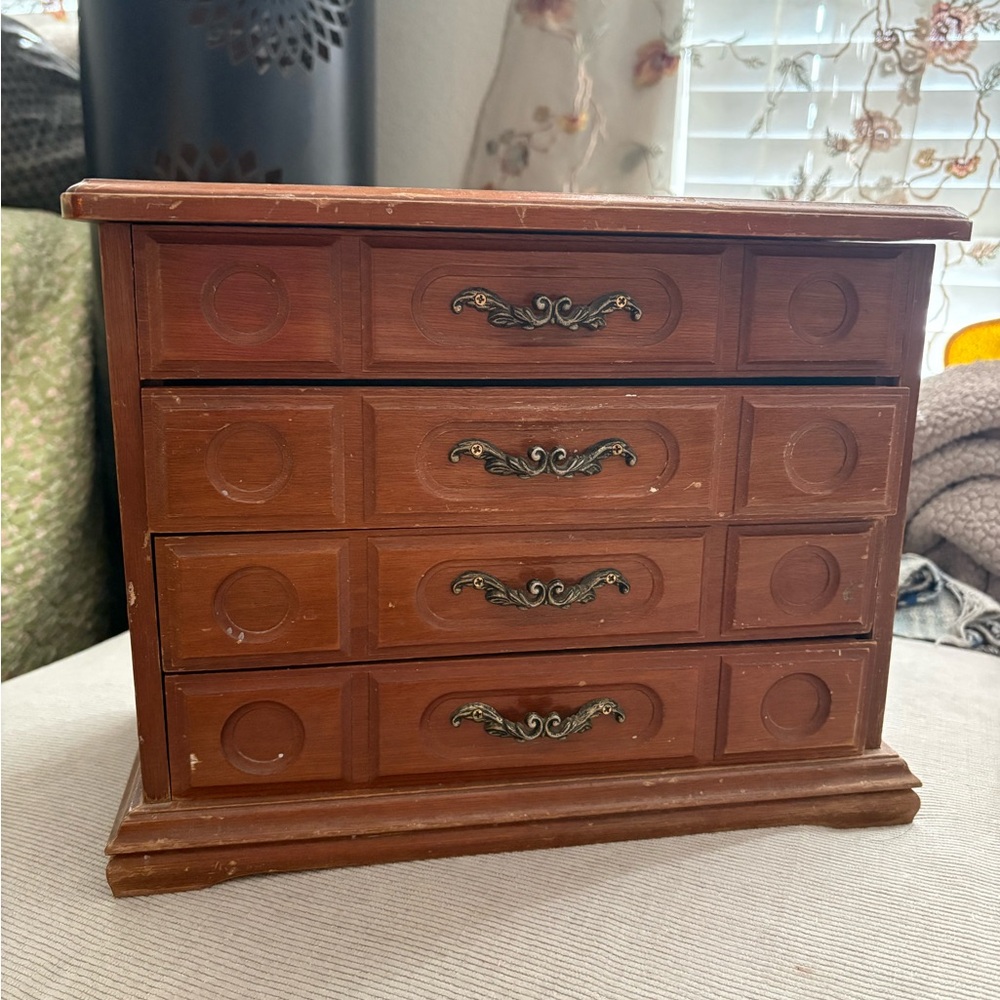 Vintage Wooden Jewelry Box with Brass Accents